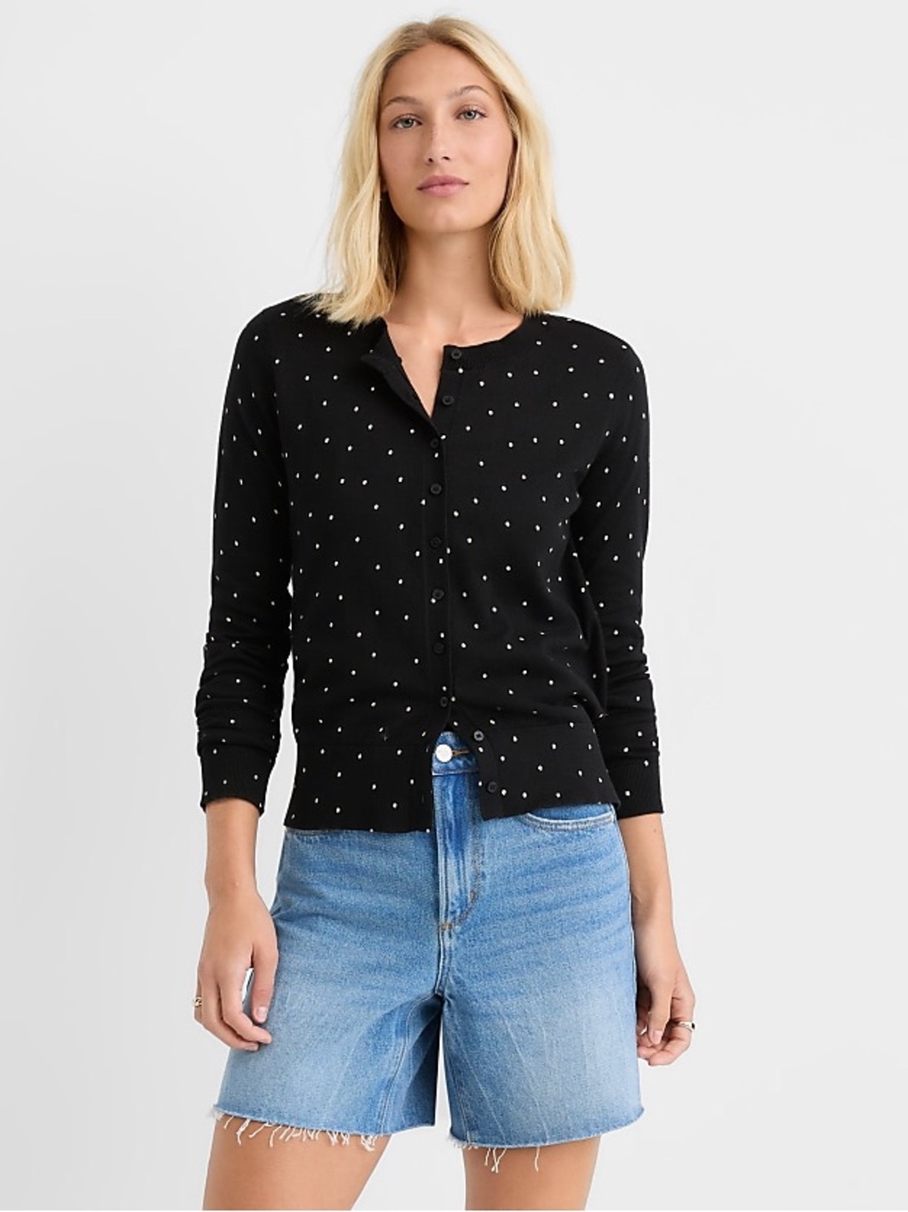LOFT Navy Polka Dot Button-Down Cardigan - Picture 1 of 6